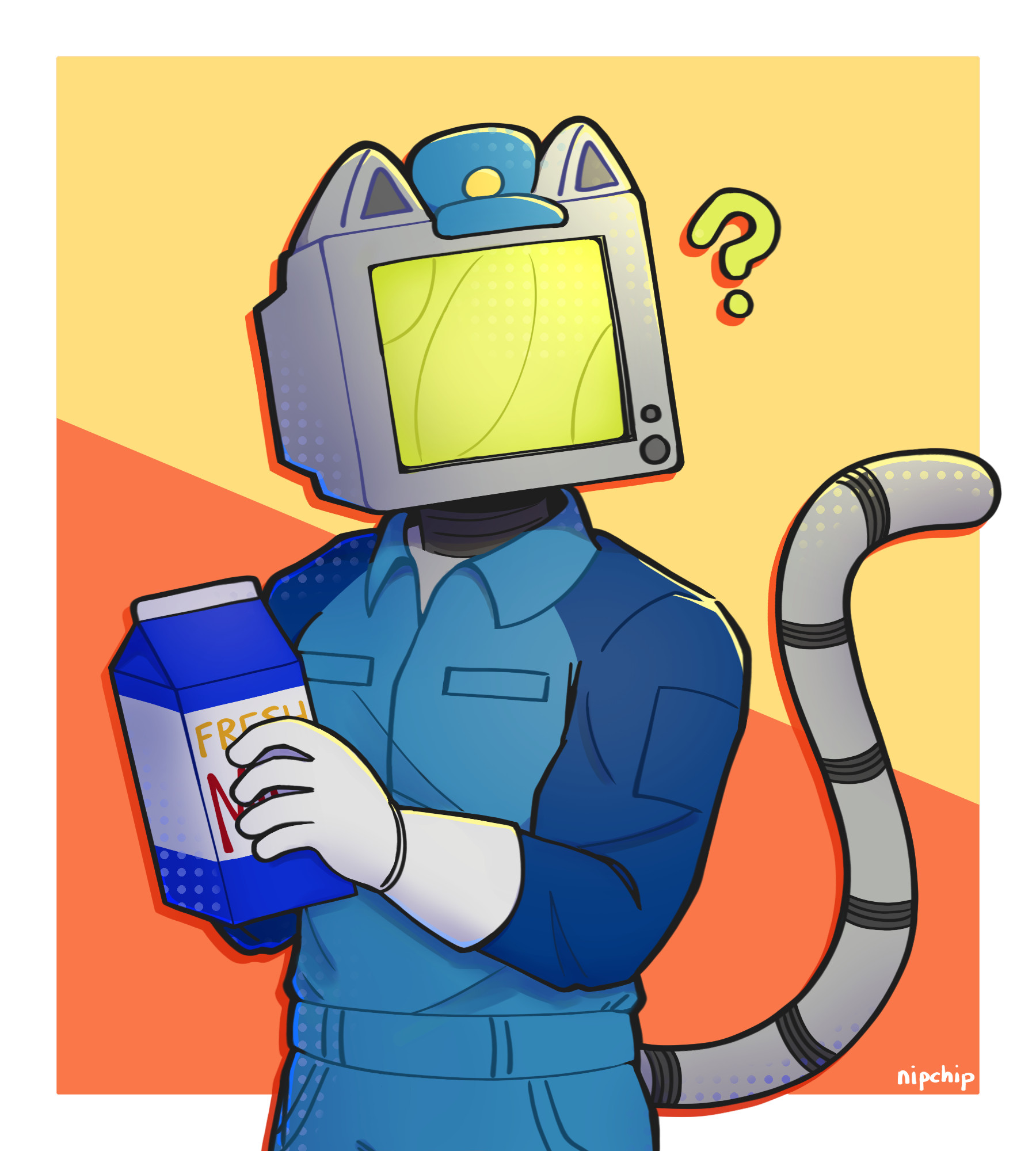 Buddy, a Blinx OC. Their head is a CRT with cat ears and their outfit is the Time Sweeper mechanic uniform. They're holding a large milk carton in both hands. A question mark symbol is on the left of their head.